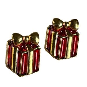 Red Enamel Gold Present Earrings NWOT